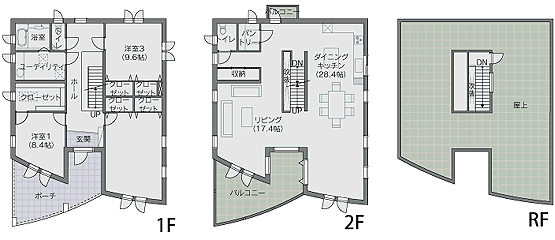 スターハウスプラン例：曲面の空間を演出した2階建て住宅